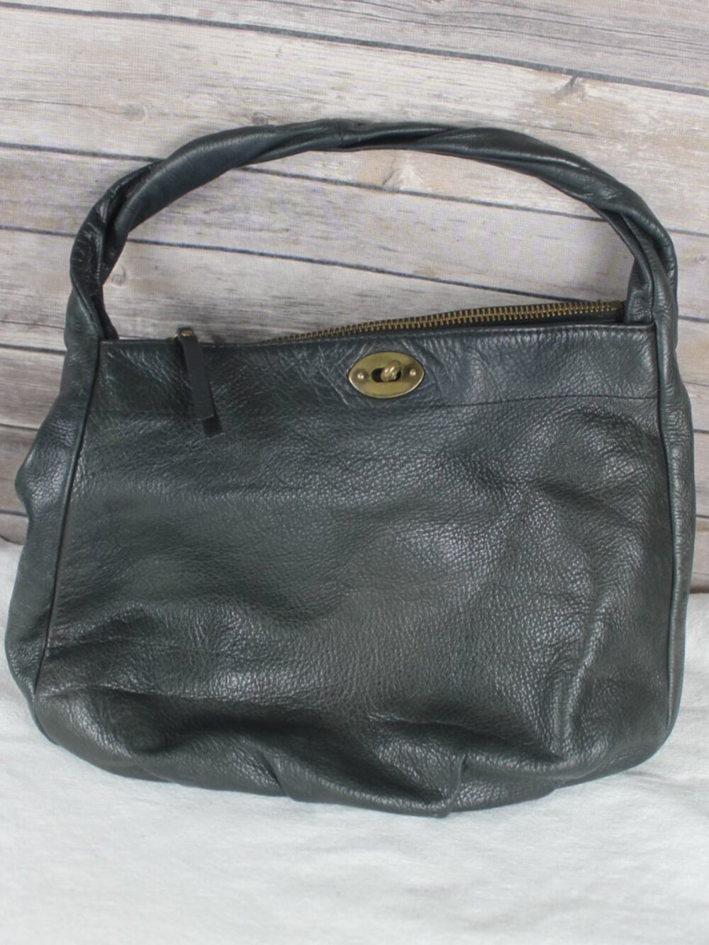 J. Crew Black Pebbled Leather Shoulder Bag Hobo Twisted Strap Brass Hardware